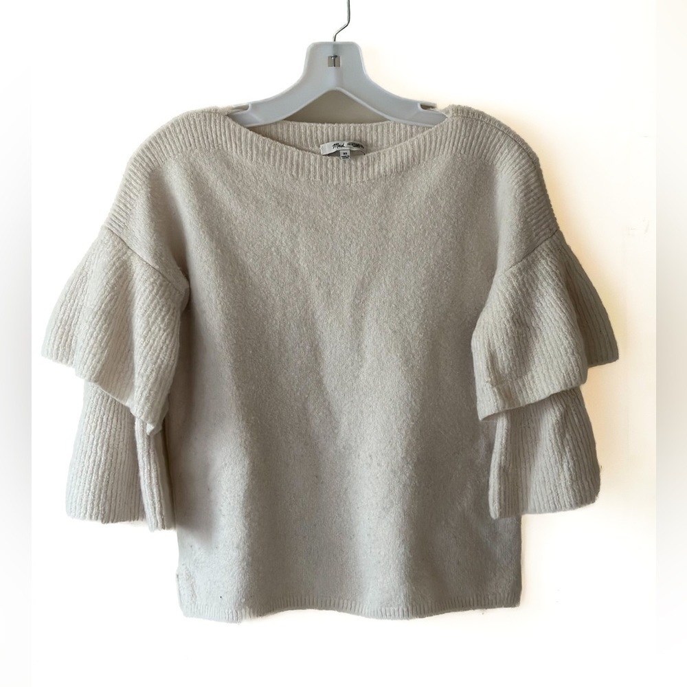 Madewell Cream Crew Sweater With Ruffled Sleeves | XS